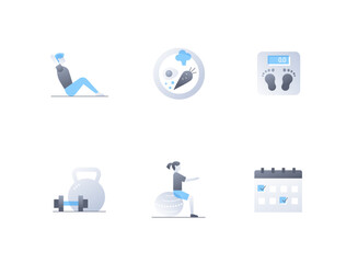 Sports and diets - flat design style icons set. High quality colorful images of gymnastics and stretching, dietary dish, scales, healthy, dumbbells, fitness training and calendar with schedule idea