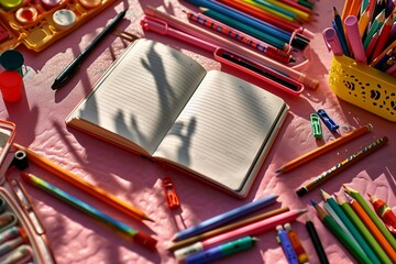 a notebook and pencils on a pink surface - Powered by Adobe