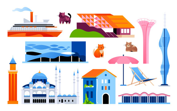 Resorts of Turkey - flat design style objects. High quality images of Suleymaniye Mosque, Antalya Aquarium, Chamlydzha TV Tower, Ozyegin university, Divan Kurucesme and Yivli Minaret buildings