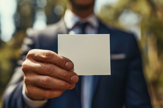 a man in a suit holding a white card