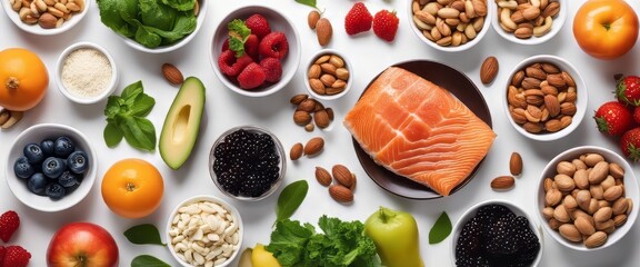 A set of healthy food. Fish, nuts, protein, berries, vegetables and fruits. On a white background