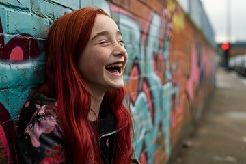 a girl with red hair laughing