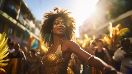 Let her movement entertain you. Beautiful samba dancer performing at Carnival in Rio de Janeiro. Let's dance all our troubles away. Street and bright dances. Generative AI.