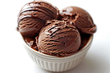 Trio of tasty chocolate flavored frozen dessert in a bowl. Scoop of ice cream isolated on white