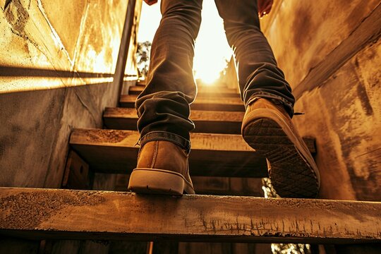 a person walking up a staircase
