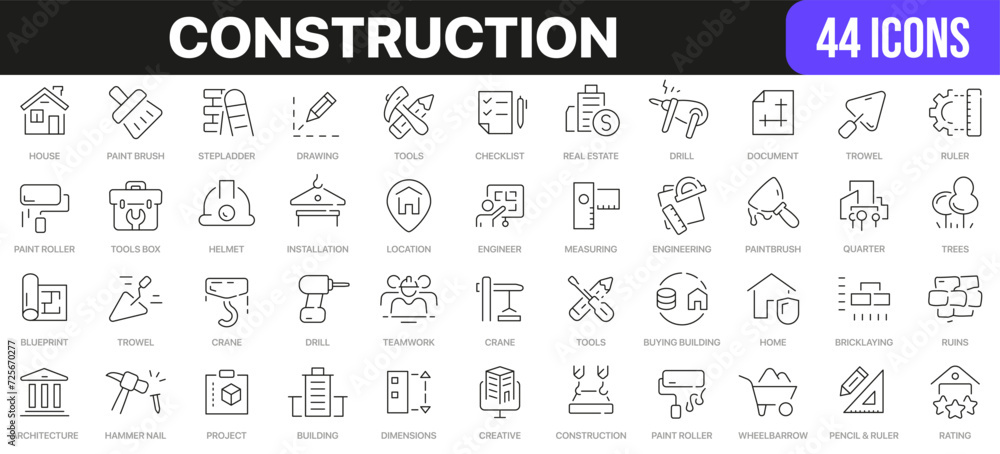 Poster construction line icons collection. ui icon set in a flat design. excellent signed icon collection. 