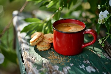 a red mug with a drink and cookies on a wooden surface