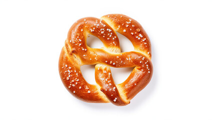 Top view fresh pretzel with bakery salt. Traditional pretzel isolated on white background