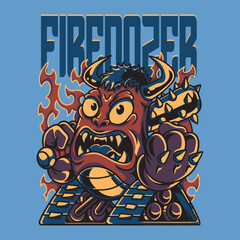 Blue Red Flaming Dozer Monster in Retro Style Illustration