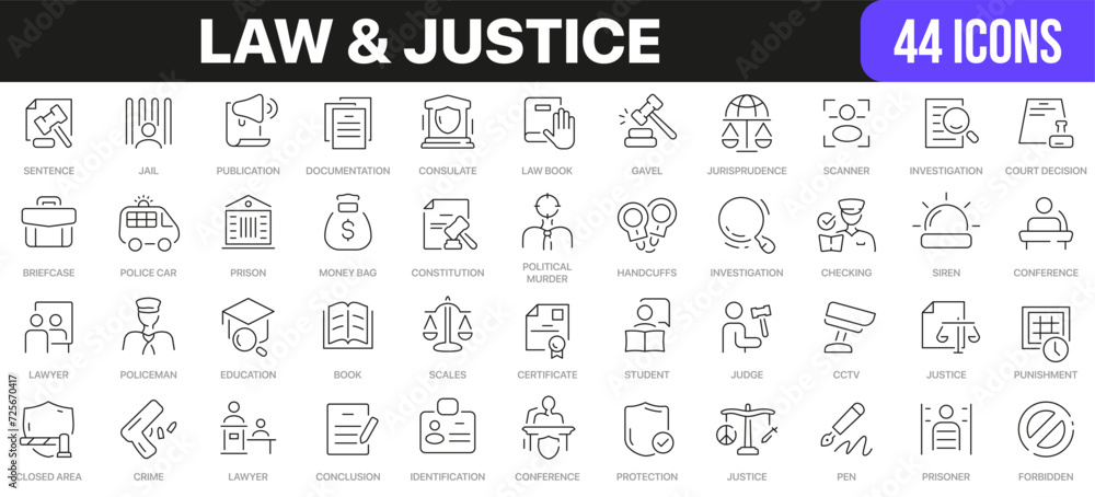 Aufkleber law and justice line icons collection. ui icon set in a flat design. excellent signed icon collectio