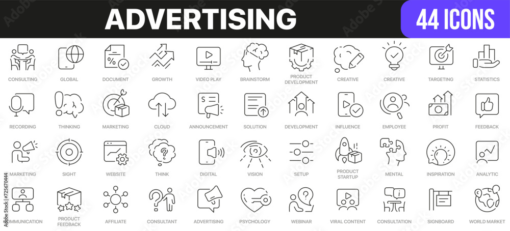 Poster advertising line icons collection. ui icon set in a flat design. excellent signed icon collection. t