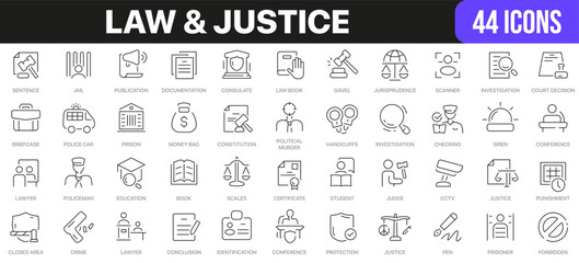 Law and justice line icons collection. UI icon set in a flat design. Excellent signed icon collection. Thin outline icons pack. Vector illustration EPS10