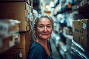 a woman leaning against a wall of boxes - obrazy, fototapety, plakaty