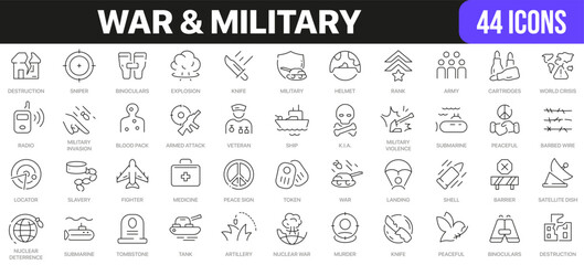 War and military line icons collection. UI icon set in a flat design. Excellent signed icon collection. Thin outline icons pack. Vector illustration EPS10