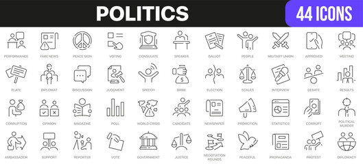 Politics line icons collection. UI icon set in a flat design. Excellent signed icon collection. Thin outline icons pack. Vector illustration EPS10