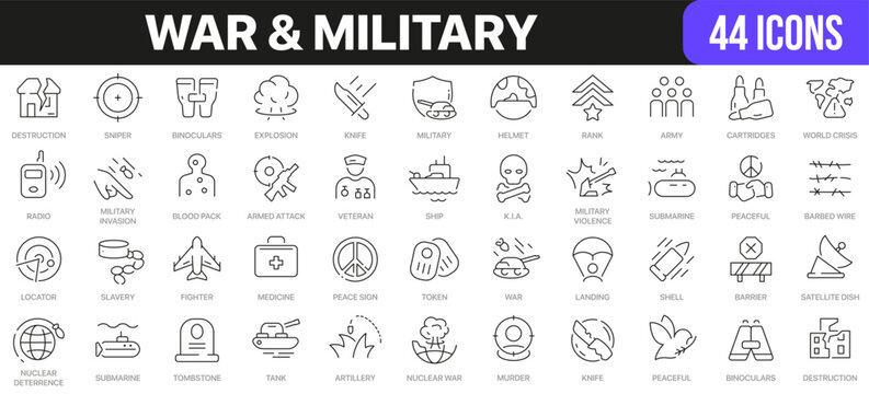 War and military line icons collection. UI icon set in a flat design. Excellent signed icon collection. Thin outline icons pack. Vector illustration EPS10