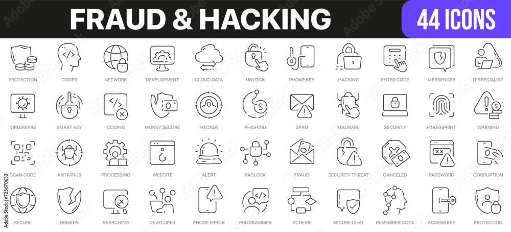 Poster Fraud and hacking line icons collection. UI icon set in a flat design. Excellent signed icon collection. Thin outline icons pack. Vector illustration EPS10