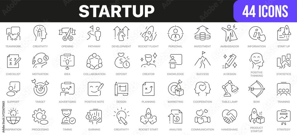 Aufkleber startup line icons collection. ui icon set in a flat design. excellent signed icon collection. thin 