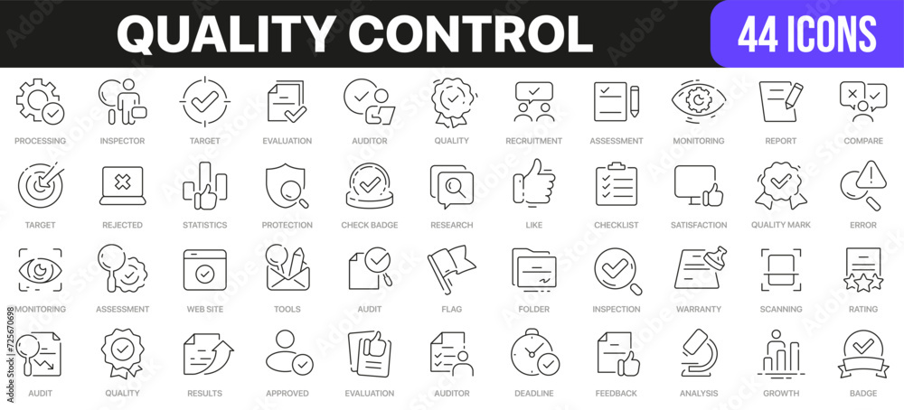 Poster quality control line icons collection. ui icon set in a flat design. excellent signed icon collectio