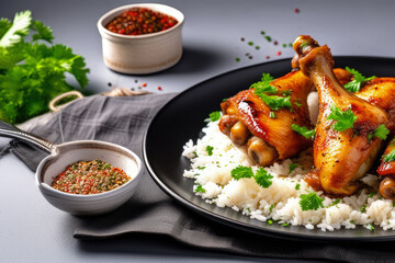 chicken thighs with rice, generated by artificial intelligence - obrazy, fototapety, plakaty