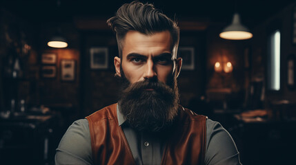 Barber shop, man portrait of an entrepreneur. Salon, portrait bearded professional worker in the modern barbershop. Mustache men or rutal guy. Small business. Generative AI.  - obrazy, fototapety, plakaty