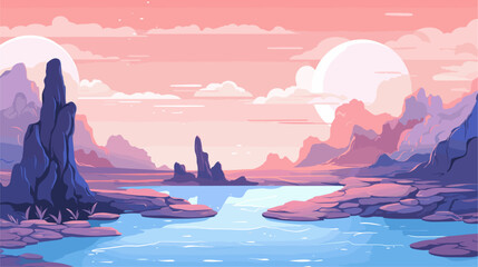 Vector scene of an alien landscape with floating islands  strange rock formations  and a surreal color palette  conveying a sense of otherworldly beauty. simple minimalist illustration creative