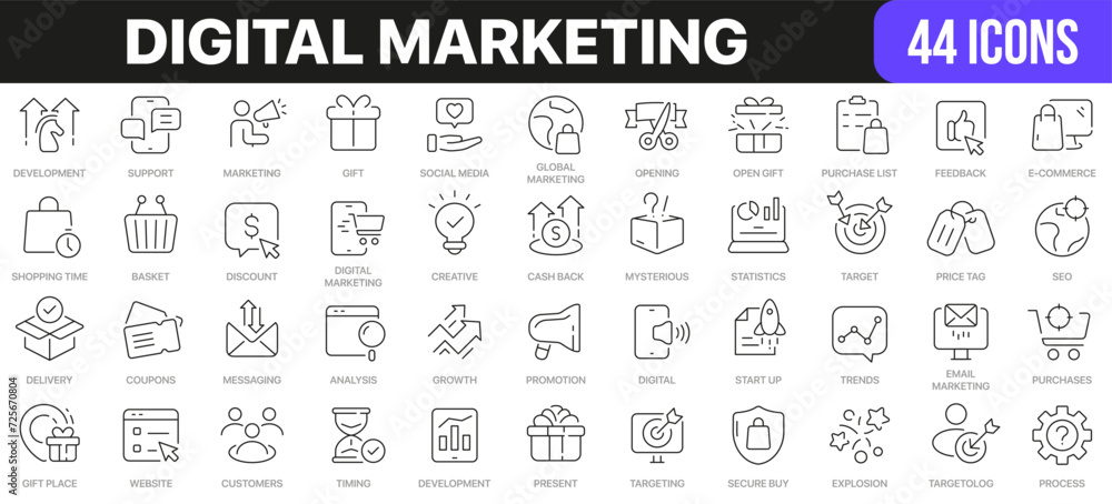 Aufkleber digital marketing line icons collection. ui icon set in a flat design. excellent signed icon collect
