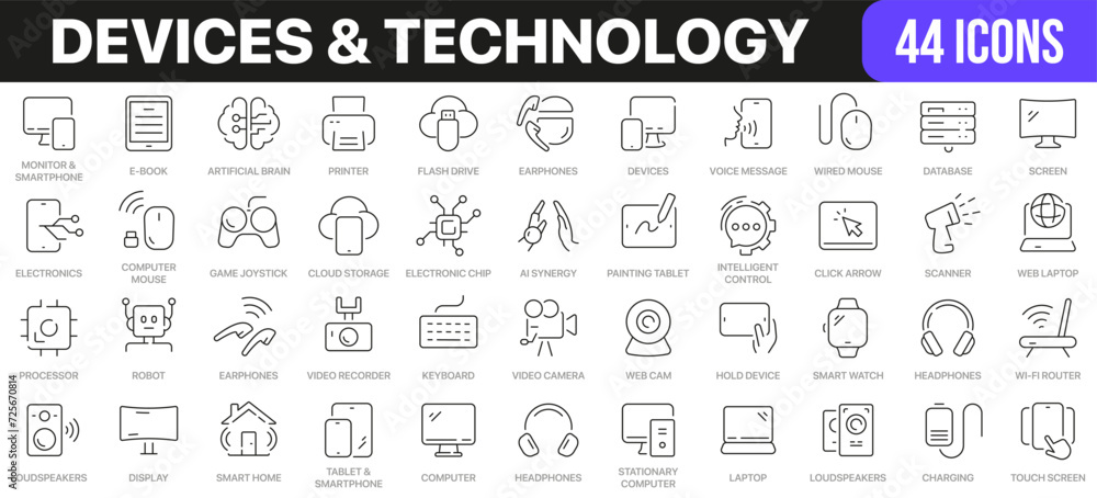 Aufkleber devices and marketing line icons collection. ui icon set in a flat design. excellent signed icon col