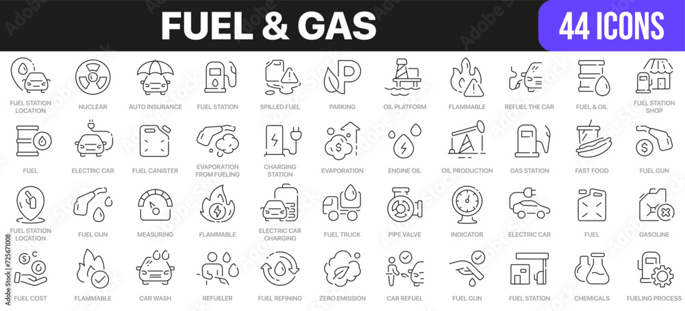 Poster fuel and gas line icons collection. ui icon set in a flat design. excellent signed icon collection. 