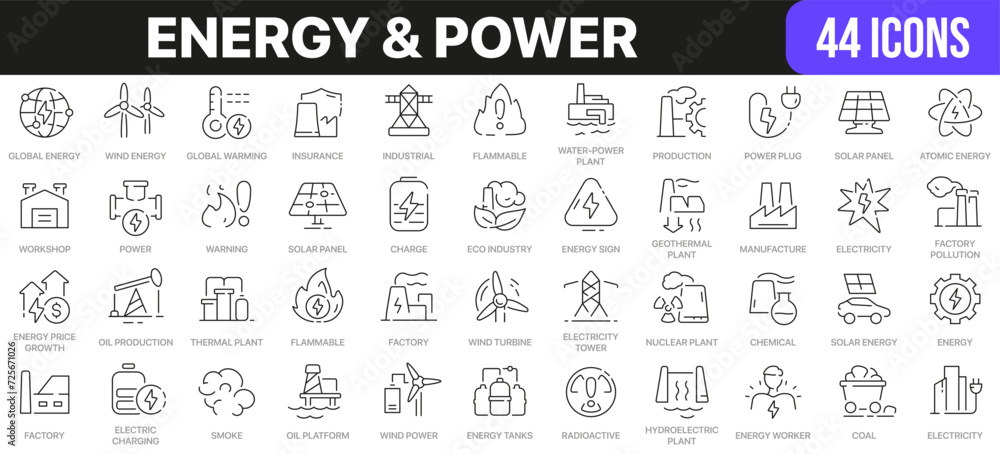 Poster energy and power line icons collection. ui icon set in a flat design. excellent signed icon collecti
