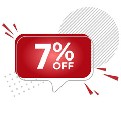 7% off. White background with 7 percent discount on a red balloon for mega big sales. 7% sale