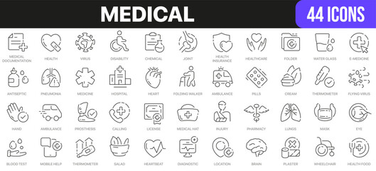 Medical line icons collection. UI icon set in a flat design. Excellent signed icon collection. Thin outline icons pack. Vector illustration EPS10 - obrazy, fototapety, plakaty