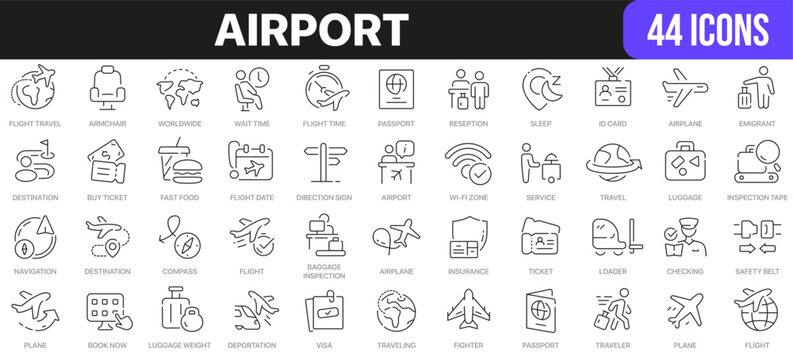 Airport line icons collection. UI icon set in a flat design. Excellent signed icon collection. Thin outline icons pack. Vector illustration EPS10