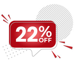 22% off. White background with 22 percent discount on a red balloon for mega big sales. 22% sale