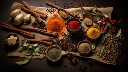 Natural traditional kitchen spices herbs are arranged on burlap wooden table
