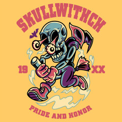 Yellow Skull Witch Kids in Retro Style Illustration