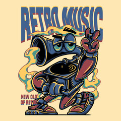 Yellow Blue Gramophone Monster in Retro Music Style Illustration