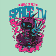 Pink Magenta Space TV Alien Character in Retro Style Illustration