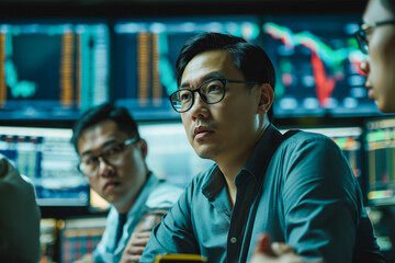 Obraz premium Asian trader stock market analysis discussion in front of stock market monitor on background