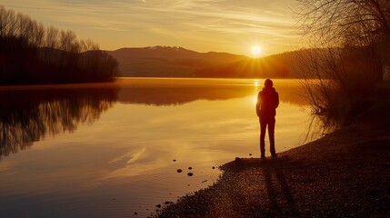 Solitary figure contemplating the serene sunset by the tranquil lakeside
