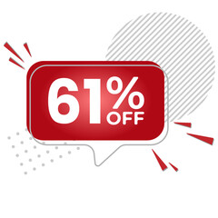 61% off. White background with 61 percent discount on a red balloon for mega big sales. 61% sale