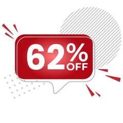 62% off. White background with 62 percent discount on a red balloon for mega big sales. 62% sale