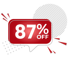 87% off. White background with 87 percent discount on a red balloon for mega big sales. 87% sale