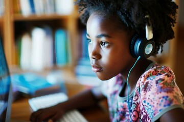 a young girl wearing headphones and using a computer