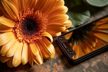 a cell phone next to a flower