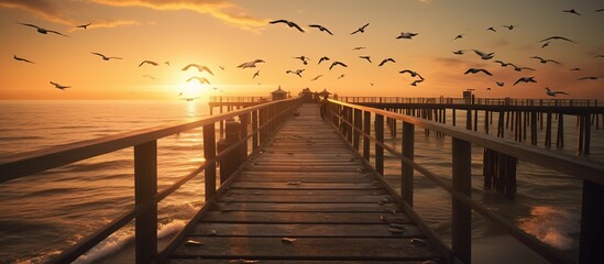 wooden pier and sea, evening sunset and birds flying in the sky - Powered by Adobe