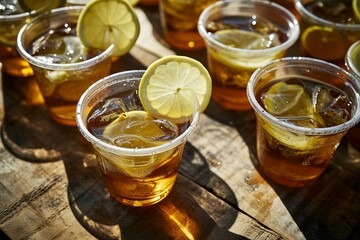 a group of cups of tea with lemon slices