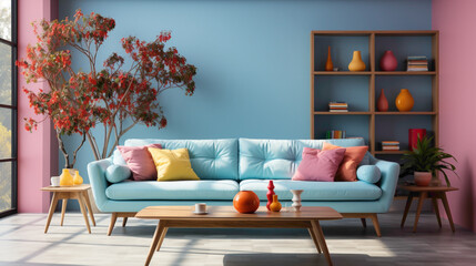 A chic pink sofa against a vibrant blue wall, complemented by a colorful pop art shelf, creates a...