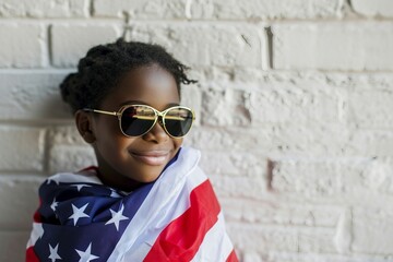 a girl wearing sunglasses and a flag