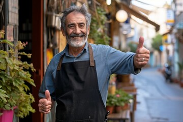 a man wearing an apron giving a thumbs up